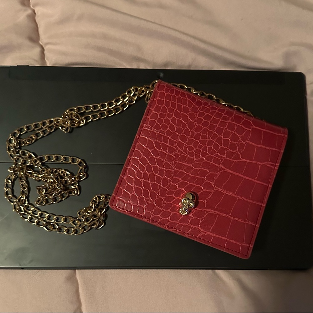 Maroon Leather Mini Bag with Golden Skull
